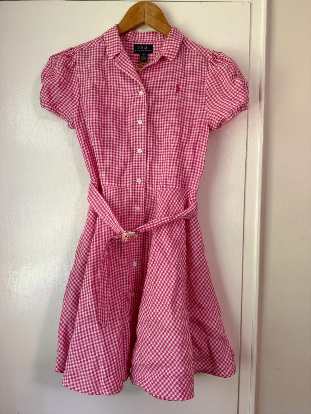 Polo Ralph Lauren Girls 100% Linen Pony Logo Pink Gingham Dress - Size 10